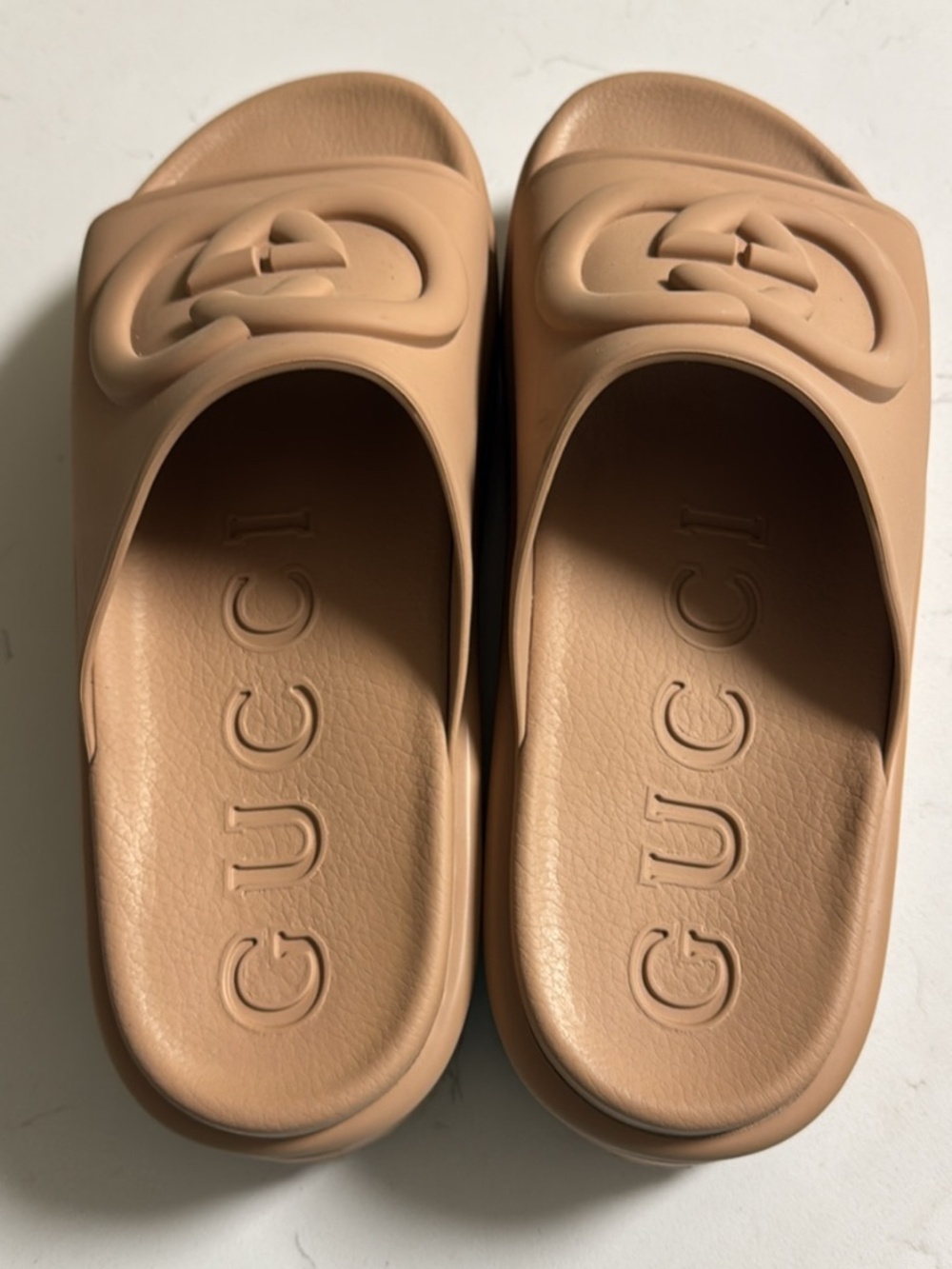 Gucci Women’s Nude Beige Logo Slide Sandals